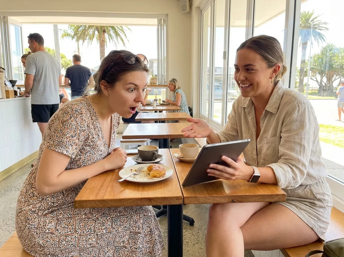 Two women reviewing a tablet together at a cafe table