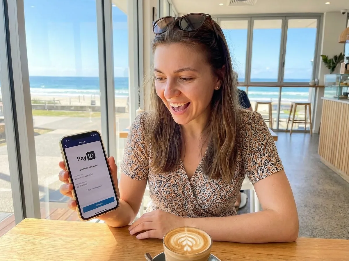 Woman showing a PayID screen on her smartphone at a seaside cafe