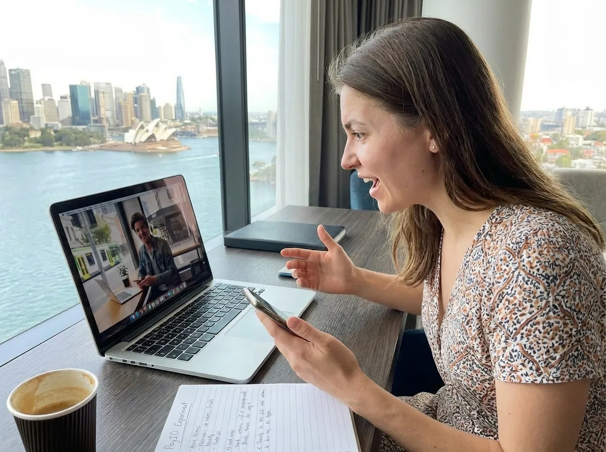 Woman holding a phone during a laptop video call with handwritten PayID notes on the desk