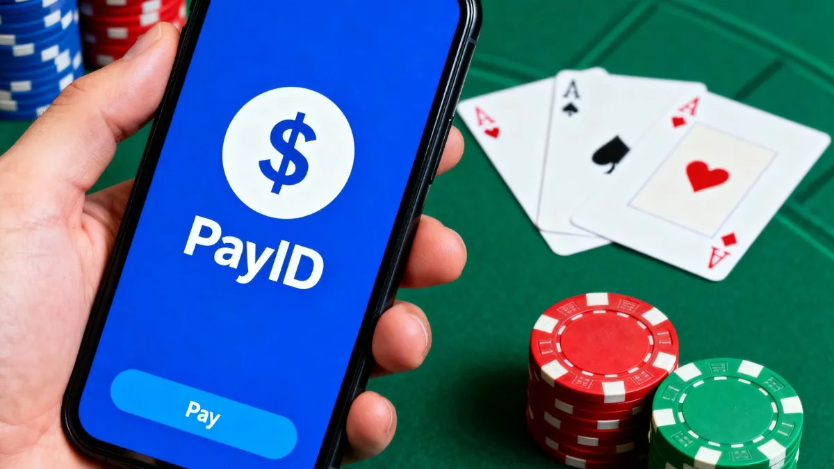 Phone displaying PayID beside playing cards and stacks of casino chips