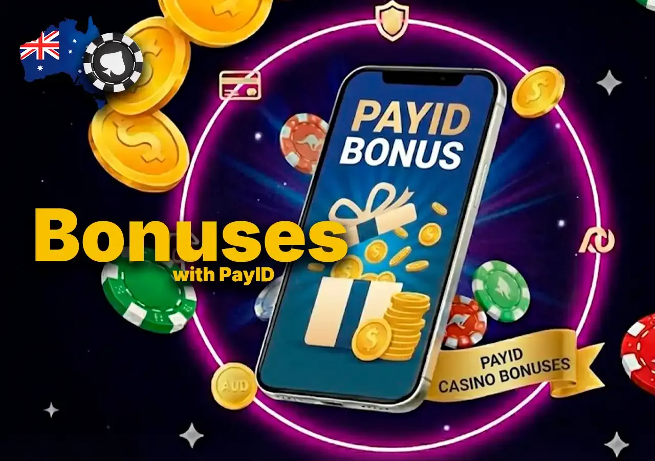 PayID bonus banner showing a smartphone, gift boxes, coins and casino chips